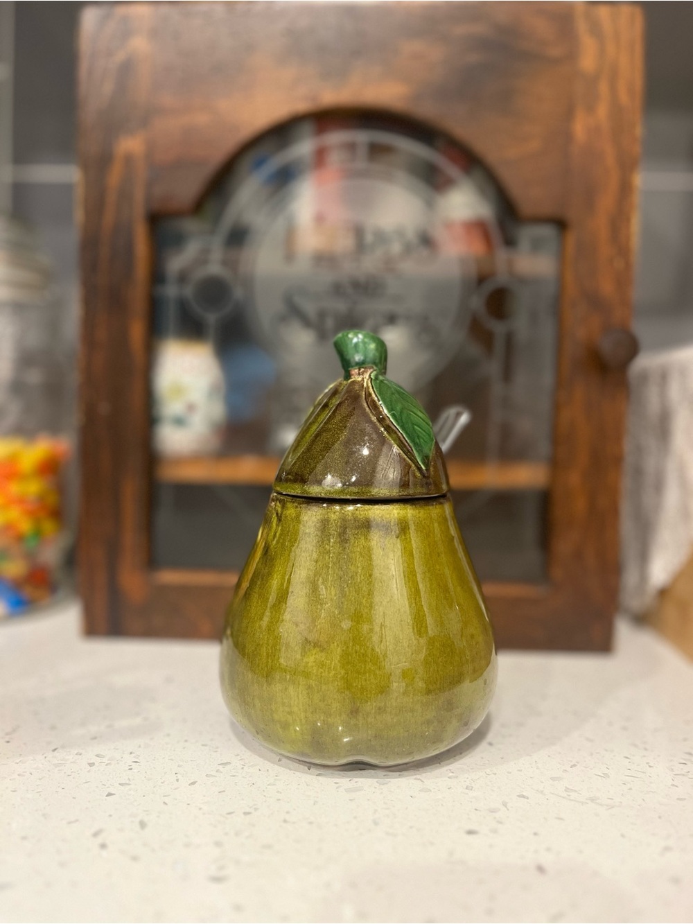 Vintage Green Pear Ceramic Sugar Jar with Lid and Spoon